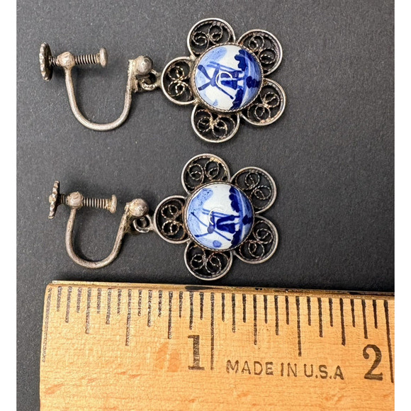 Vintage 835 Silver Delft Windmill Porcelain Dangle Screwback Earrings Signed - Picture 8 of 8